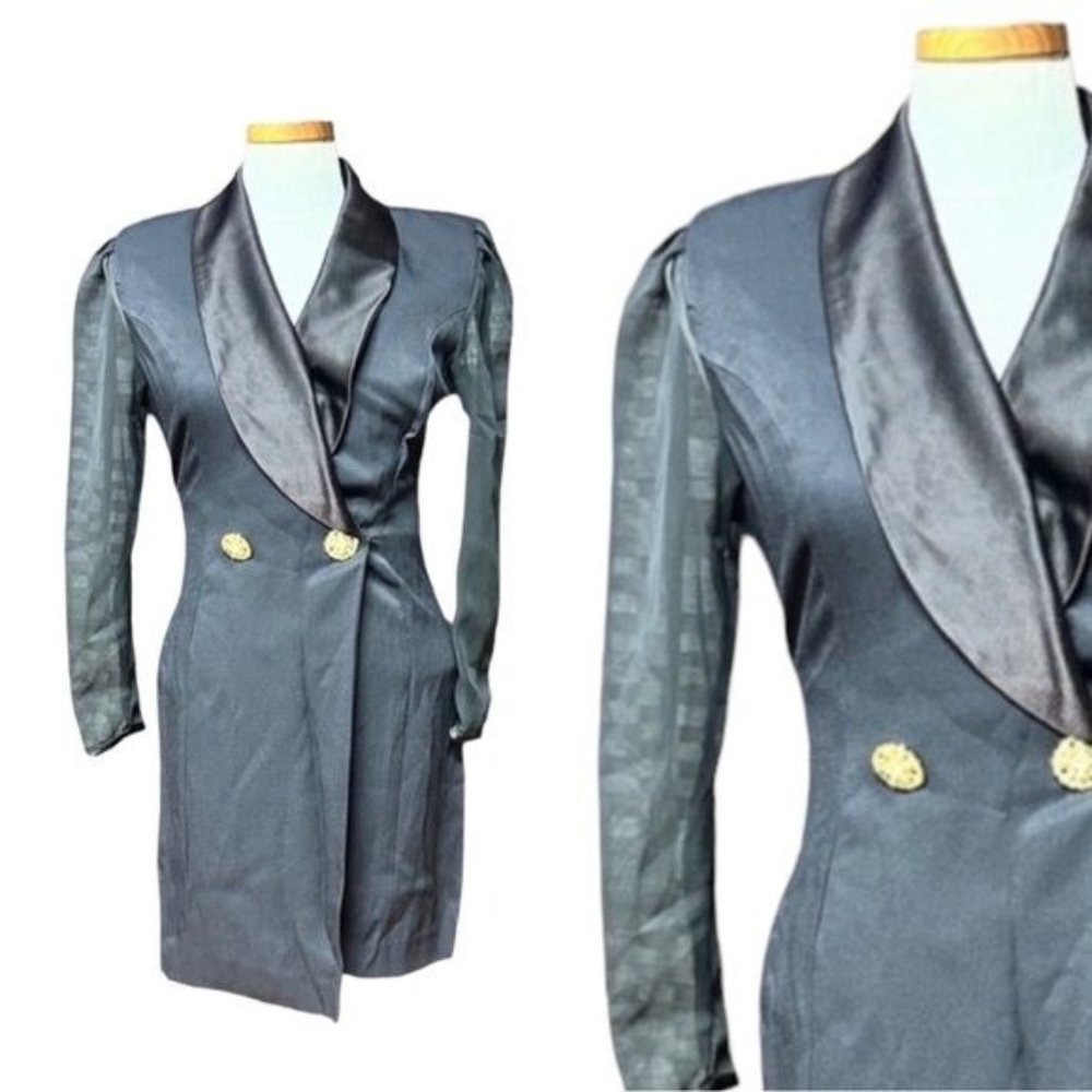 Taurus II Womens Vintage Knee Length Blazer Style Dress 6 Black sheer sleeves